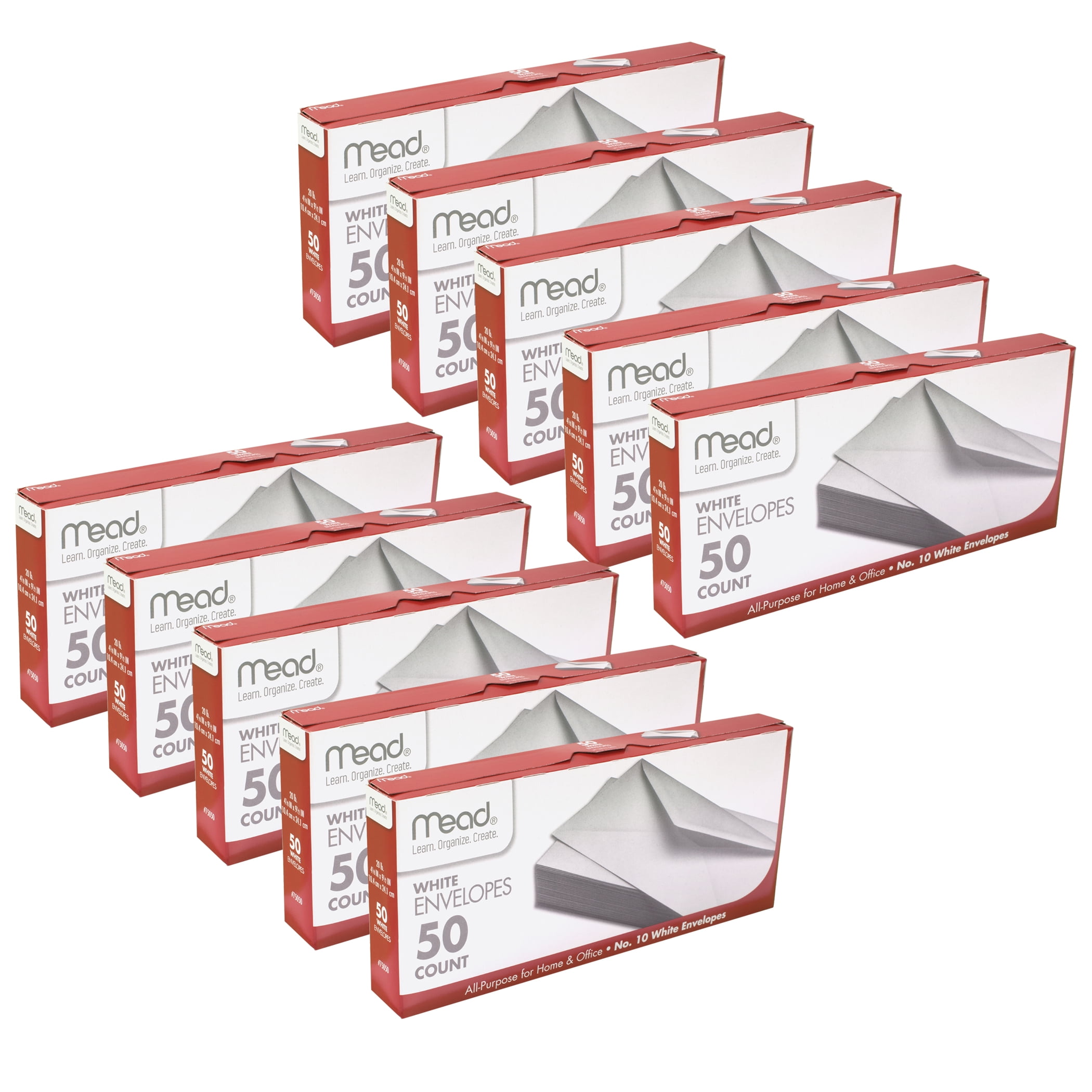 Mead White Gummed Business Envelopes, 4 1/8 x 9 1/250#10, 50 Per Pack, 10 Packs