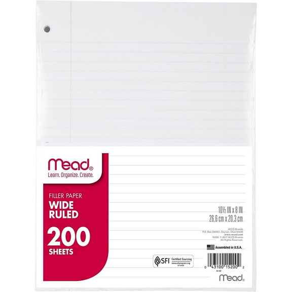 Mead Wide Ruled Filler Paper 8" x 10.5" White 200 Sheets/Pack (15200) 587432