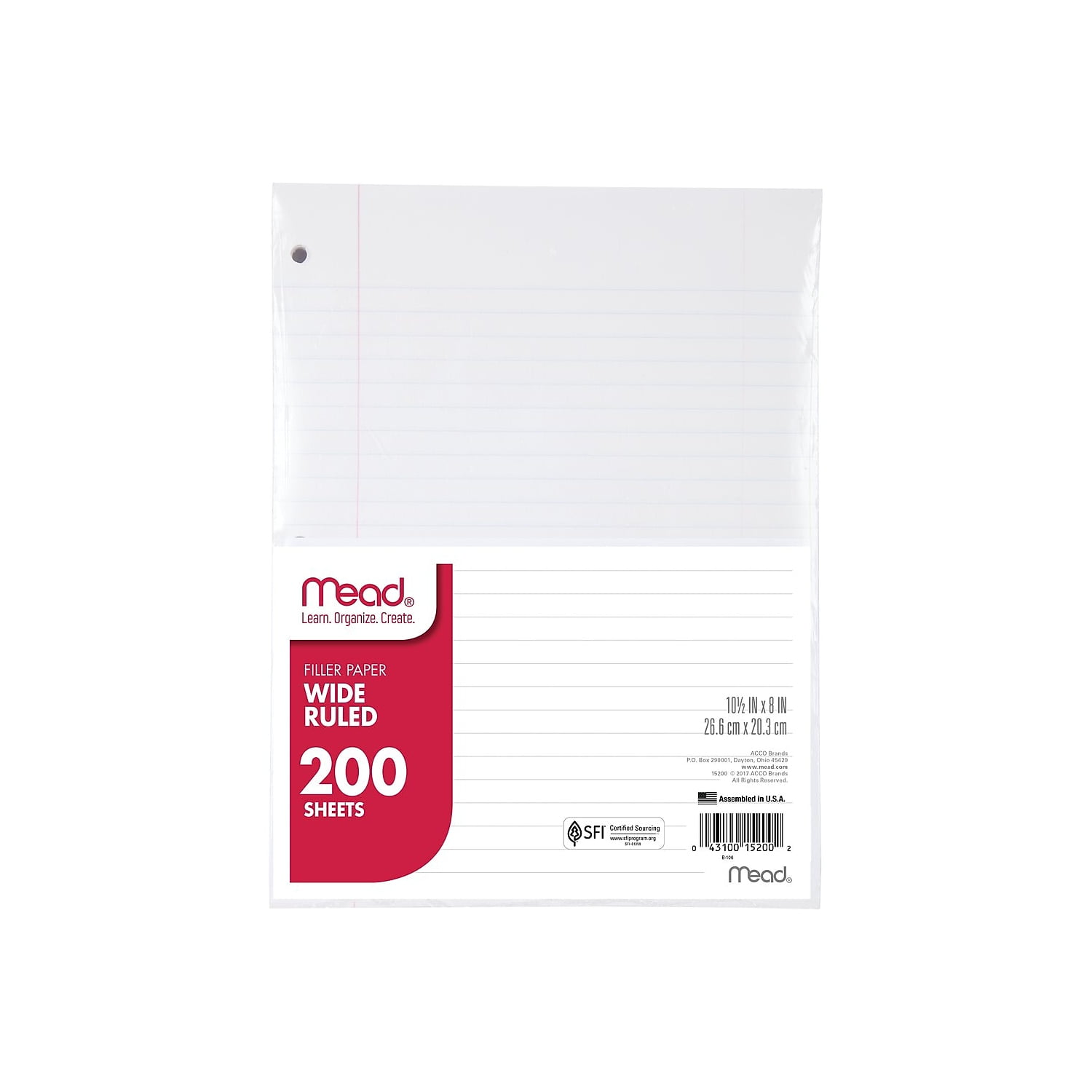 "Mead Wide Ruled Lined Filler Paper, 8"" x 10.5"", 200 Sheets/Pack