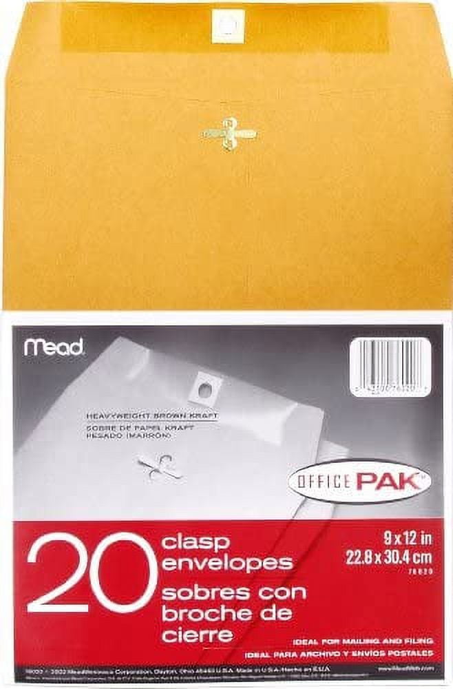 Mead Clasp Envelopes, 9" x 12", Brown Kraft, Office Pak, 20 per Box
