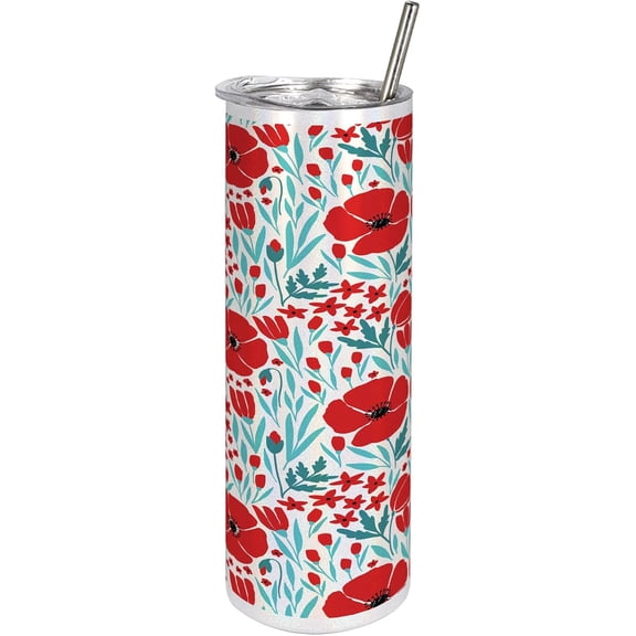 Meadow 20 Oz Skinny Tumbler, Warm Toned Poppy Blossoms Rural Revival Spring Flowers Leaves Motif, Leak-Proof Straw Lid and Brush Vacuum Insulated for Outdoor Use, Vermilion Turquoise White