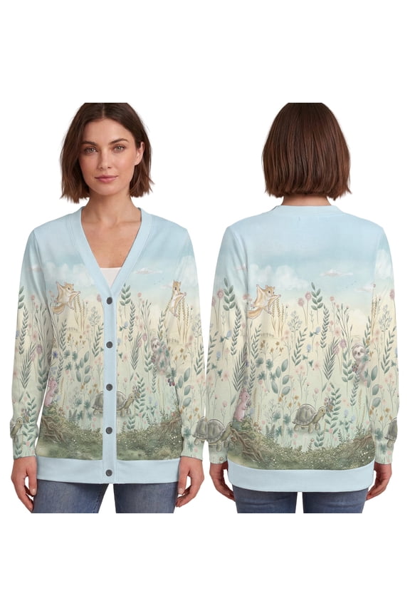 Meadow Animal Cardigan, Squirrel Turtle Sweater, Pastel Botanical Knit Cardigan, Nature Scene Knitwear