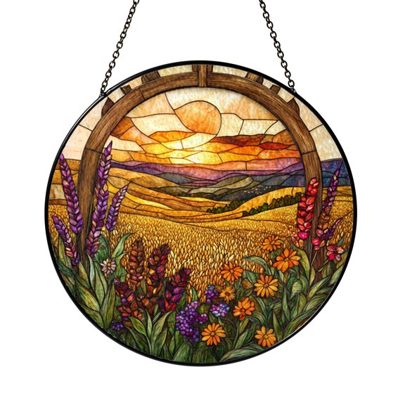 Meadow Arch with Flowers Stained Glass Style Suncatcher Window Decor, Rustic Art Ornament
