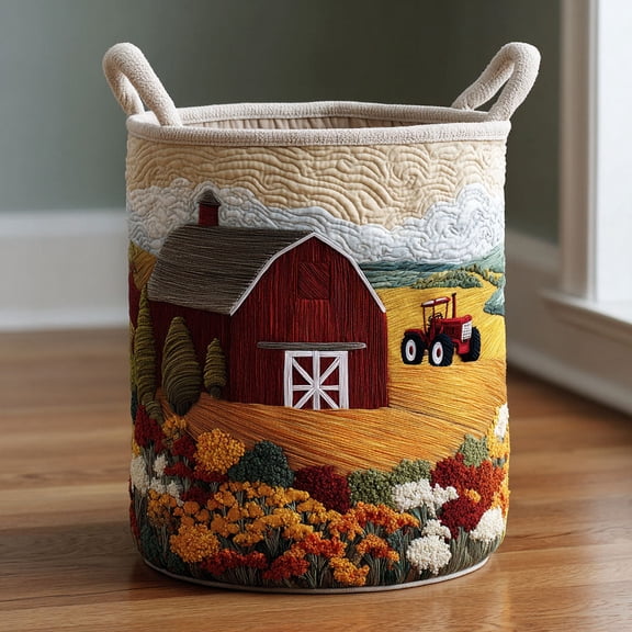 Meadow Barn Quilted Laundry Basket, Rustic Barn Hamper, Country Farm Laundry Basket