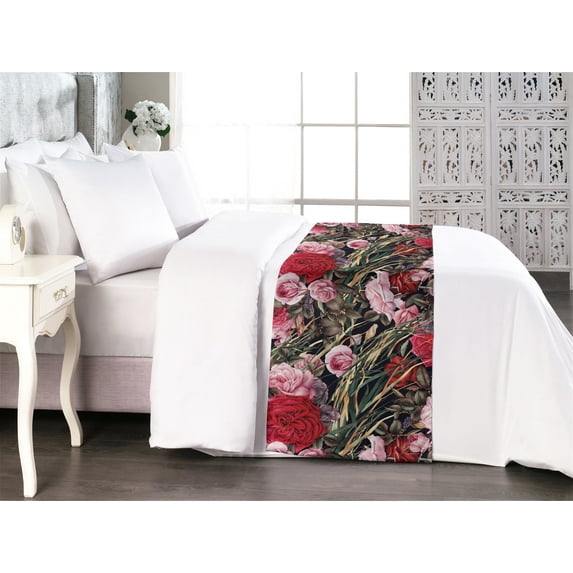 Meadow Bed Runner, Leaves Greenery and Flowers Vintage Pattern Boho Watercolor Print, Decorative Accent Bedding Scarf for Hotels Homes & Guest Rooms, King, Pastel Pink and Dark Pink, by Ambesonne