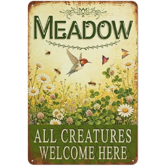 Meadow All Creatures Welcome Here Metal Tin Sign, Vintage Floral Garden Rustic Wall Decor Plaque, Bee Butterfly Hummingbird Nature Farmhouse Outdoor Wall Art, 8x12 Inch