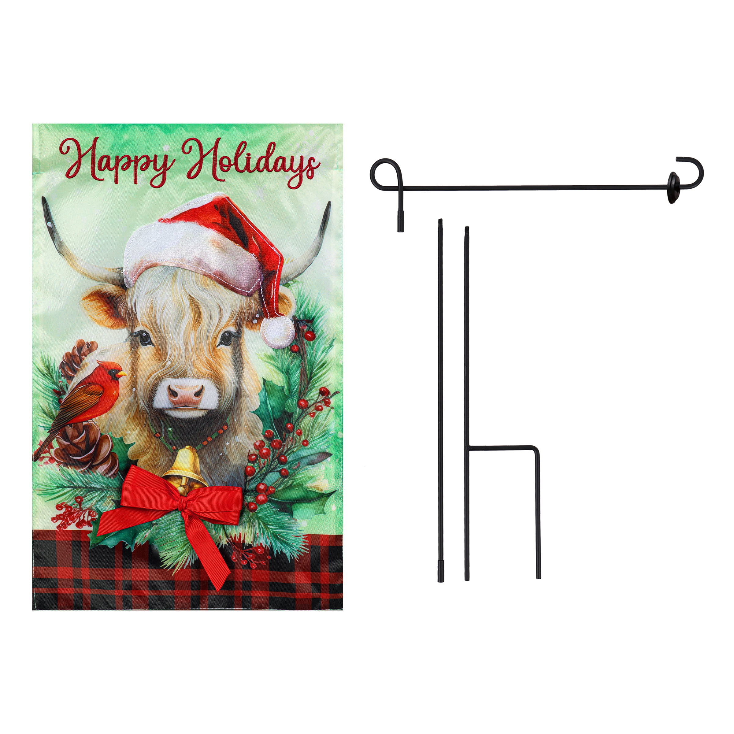 Meadow Creek Holiday 11.5" x 18" Cow and Bird Outdoor Yard Flag with Stand