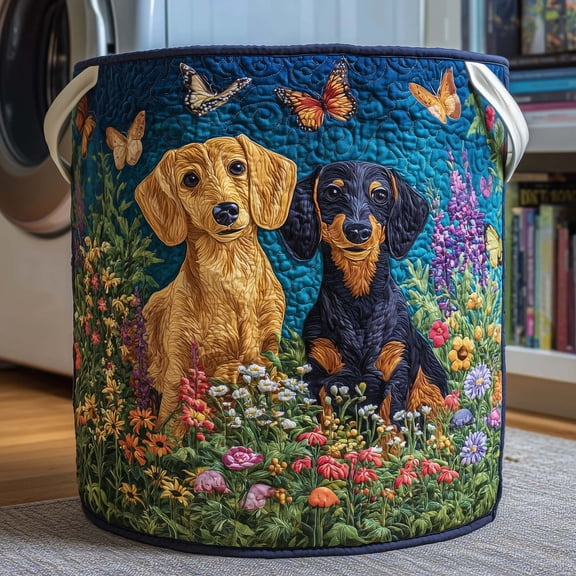 Meadow Dachshunds Quilted Laundry Basket, with Handles, Foldable Clothes Hamper for Bedroom Storage