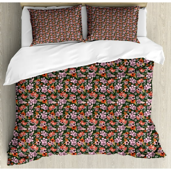 Meadow Duvet Cover Set, Flourish Season Rural Fragrance Petals Shabby Doodle Summer Bouquets, Decorative 3 Piece Bedding Set with 2 Pillow Shams, Calking Size, Pale Pink Red Green, by Ambesonne