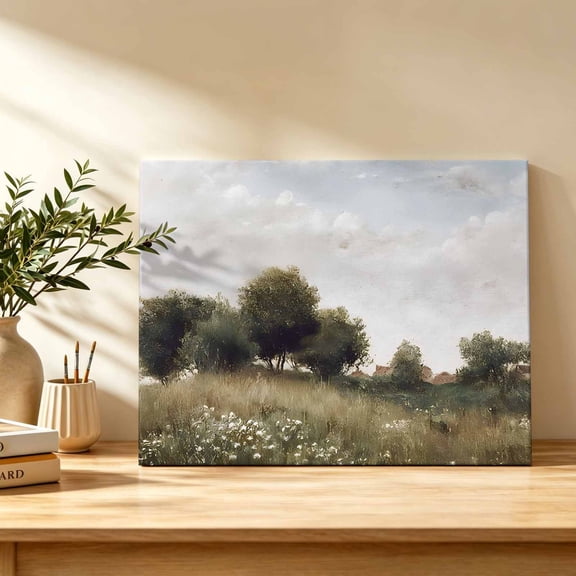 Meadow Field Canvas Wall Art, Rustic Farmhouse Green Trees Cloud Sky Landscape Wall Art Prints Artwork Framed Canvas Ready to Hang Art Pictures for Bathroom Bedroom Entry Desk Corner 10" x 8"