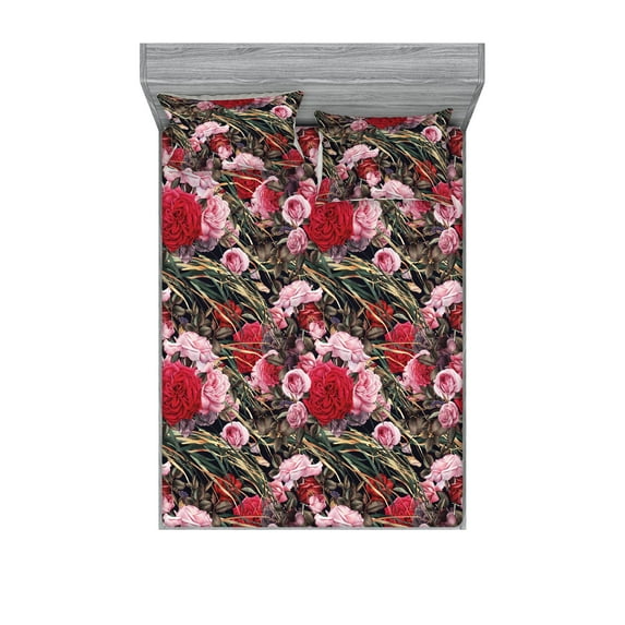 Meadow Fitted Sheet & Pillow Sham Set, Leaves Greenery and Flowers Vintage Pattern Boho Watercolor Print, Decorative Printed 3 Piece Bedding Decor, Calking, Pastel Pink and Dark Pink, by Ambesonne