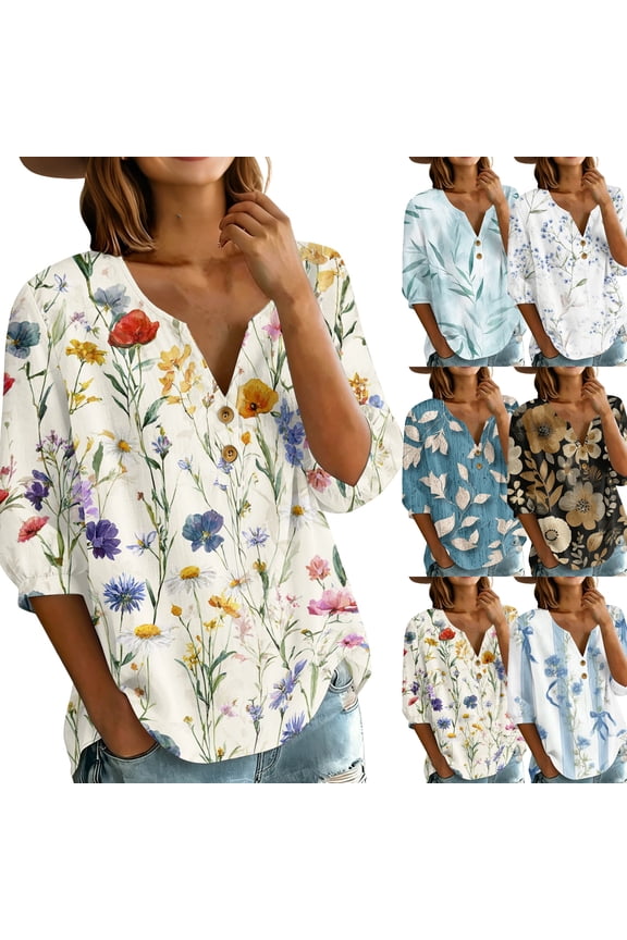Meadow Floral Print Henley Tunic for Women - 3/4 Balloon Sleeve V-Neck Button Down Blouse, Loose Fit Lightweight Summer Top Sky Blue S