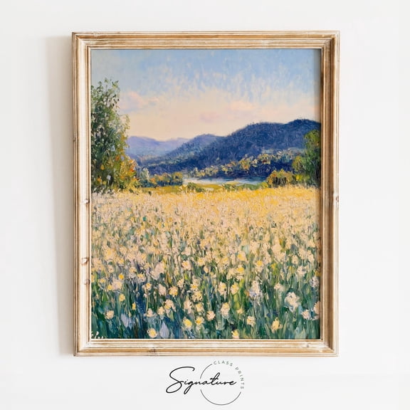 Meadow Foam Field with Distant Landscape, Rustic Summer Wall Art, Earthy Meadow Scene, Vintage Cottagecore Decor 3899 Unframed Paper Print