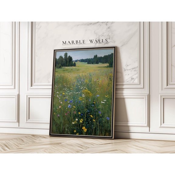 Meadow Landscape Art Vintage Field With Wild Flowers Landscape Farmhouse Living Room, Unframed Paper Print
