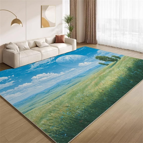 Meadow Nature Area Rugs, Blue Green Dreamy Moon Pattern Carpet, Washable Non Slip Low Pile Soft Rug for Living Room Bedroom Decor Mat 2ftx3ft