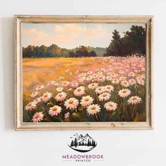 Meadow Of Pink & White Daisies - Spring Floral Printable, Easter Wall Art, Vintage Cottagecore Landscape, Pastel Country Digital Art 1052, Stretched Canvas Size 8x12
