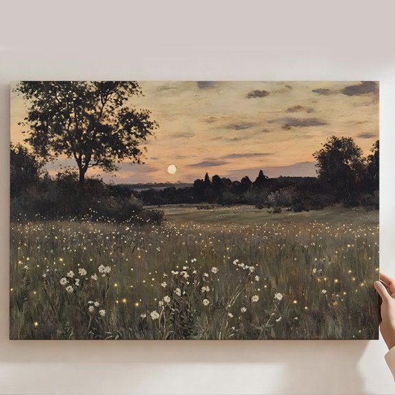 Meadow Sunset Fireflies Framed Canvas Prints Wall Art, Rustic Nature Landscape Wall Decor, Vintage Country Home Decor For Living Room Bedroom Kitchen, Peaceful Scenic Gift 8*12inch(20*30cm)