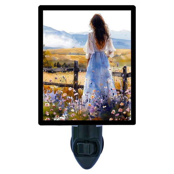 Meadow Valley Dreams Night Light Woman in Flowing Dress, Wildflower Fields and Mountain Landscape, Country Home Dcor Includes Free Switchable Insert