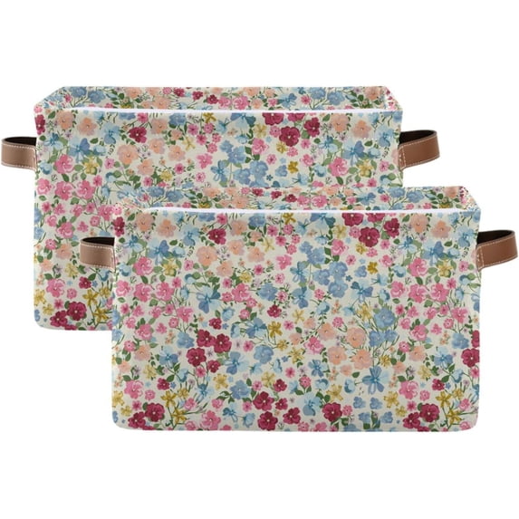 Meadow Wildflower Foldable Storage Basket for Shelves, Collapsible Sturdy Storage Bin with Handles, Canvas Storage Cube for Organizing Closet 2PCS Home Decor