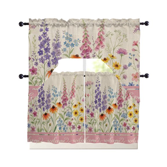 Meadow Wildflowers Kitchen Curtains Set for Windows 3 Piece Cafe Curtains 24 Inch Length Swag Curtains Valances and Tier Set Rustic Floral Botanical Blossom Drapes for Bedroom Bathroom Living Room