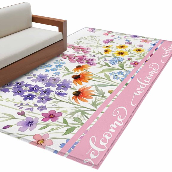 Meadow Wildflowers Kitchen Runner Rug 2.7x5 Washable Runners for Hallway Non Slip Farmhouse Floral Botanical Blossom Large Area Rug Indoor Carpet for Bathroom Laundry Entryway Bedroom Living Room