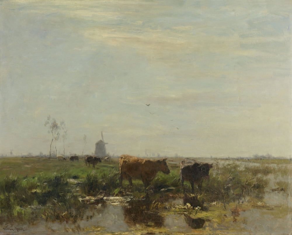 Meadow With Cows By The Water Canvas Art - (36 x 24)