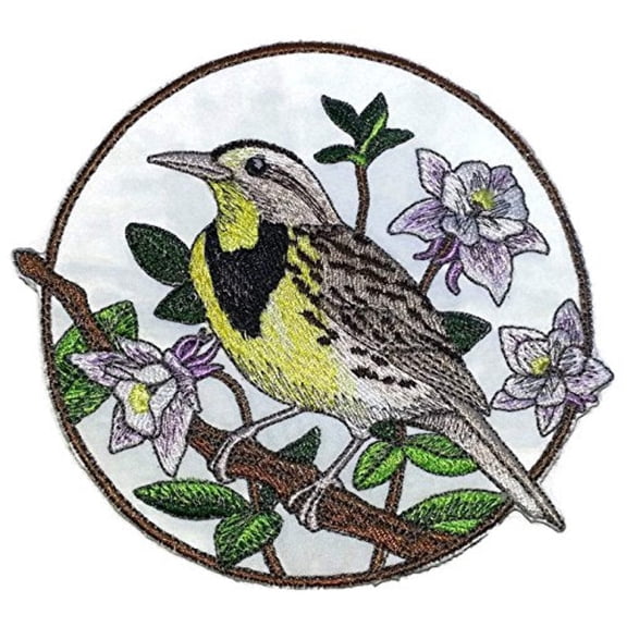 Meadowlark And Columbine Circle Embroidered Iron on/Sew patch [5" X 5"]