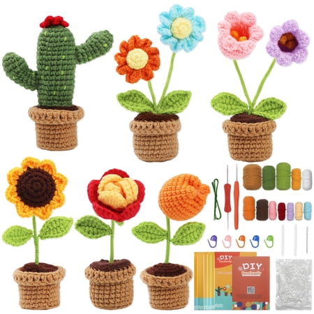 Meafeng Beginner Crochet Kit for Adults and Kids, 6Pcs Potted Plants Arts and Crafts Crocket Kit with Step-by-Step Video Tutorials