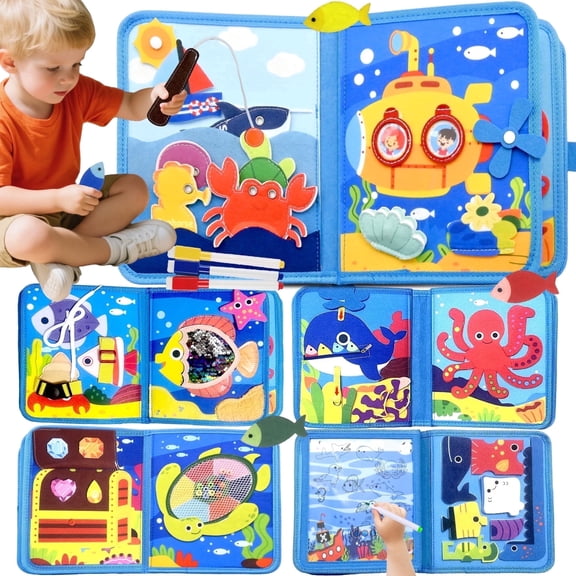 Meafeng Busy Board, Ocean Theme Montessori Toys for Toddlers 1-3 Year Old, Toddler Travel Sensory Toys Busy Book Gifts for Boys Girls Birthday