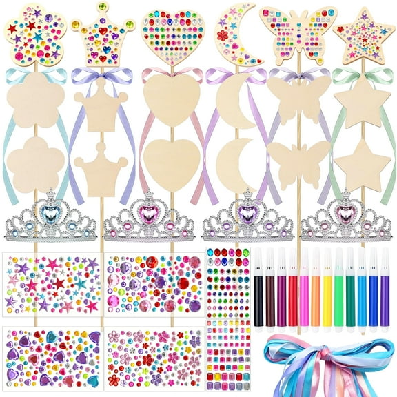 Meafeng Princess Fairy Wand Kit, DIY Craft Kit for Girls Birthday Party Supplies, 18PCS Wooden Fairy Wands with Gem Stickers, Ribbons, Crown, Gifts for Kids 6+