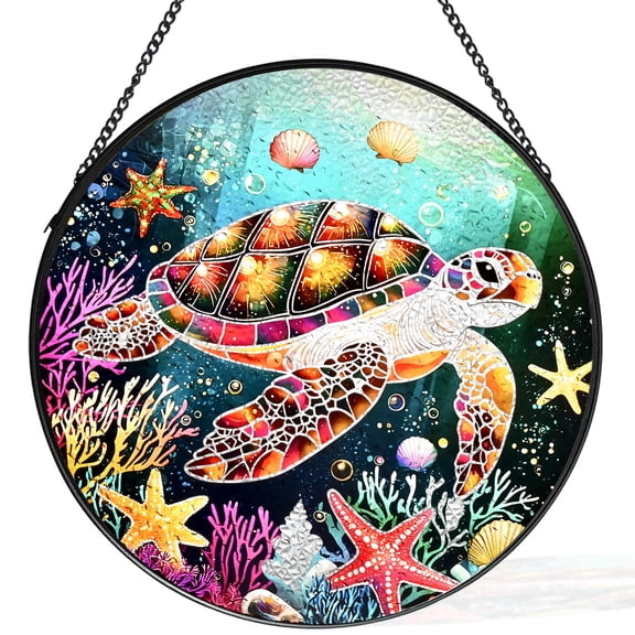 Meafeng Sea Turtle Sun Cather, 7.87" Stained Glass Window Hanging, Suncatcher with Chain for Home Garden Party Decoration