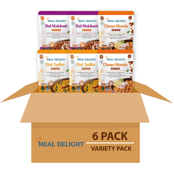Meal Delight Dal Makhani, Dal Tadka, Chana Masala, 10 Ounce Variety Pack of 6 Ready to Eat in 90 Seconds No Preservatives, Shelf Stable, No Artificial Colors or Flavors