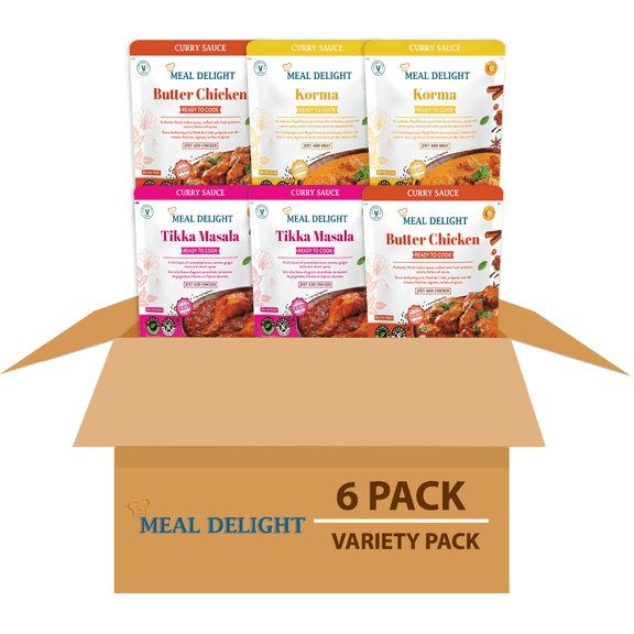 Meal Delight Tikka Masala, Korma & Butter Chicken Gluten, Free Plant Based Simmer Sauce Variety of 6 Pack 12.6oz, Shelf Stable