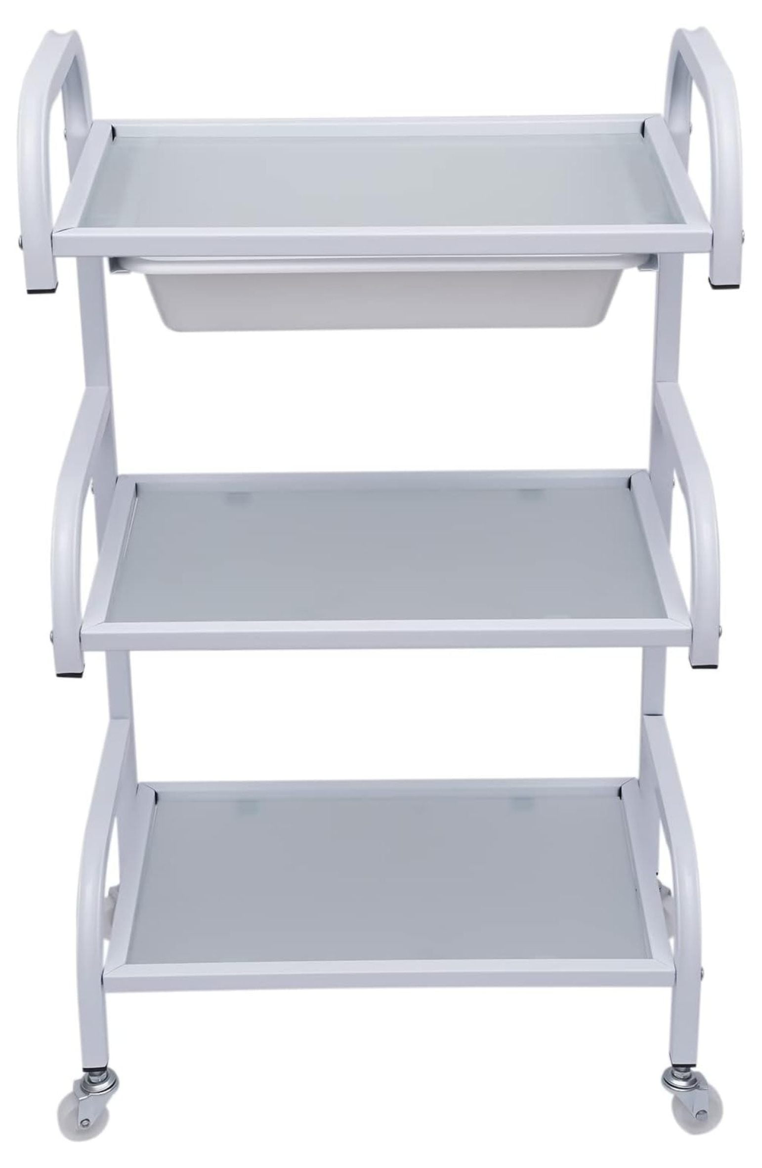 Meal Frame Rolling Trolley Cart with 3Tiers and 1 Drawer for Storage Shelf (White) Glass Top