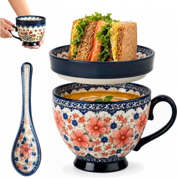 Meal Mugs With Plate Lids, 500ml Ceramic Soup Mug & Spoon, Microwave Safe Bohemian Floral Design, Oven & Dishwasher Safe, Large Handle, Lid as Snack Plate, For Soup, Oatmeal, Coffee, Ramen & Gifting