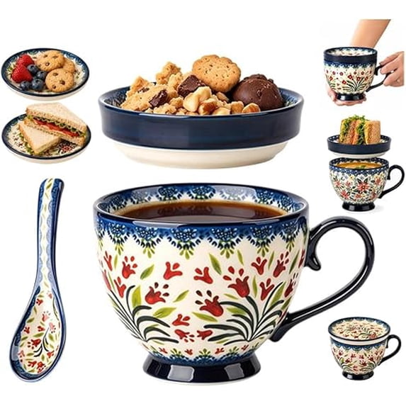 Muug Design Meal Mugs With Plate Lids,Ceramic Soup Mug & Spoon, Microwave Safe,Bowl ...