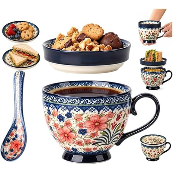 Muug Design Meal Mugs With Plate Lids,Ceramic Soup Mug & Spoon, Microwave Safe,Bowl ...