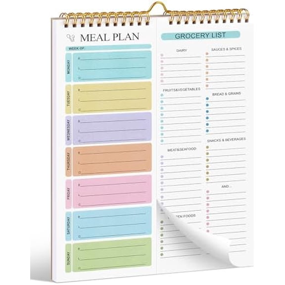 Meal Planner Notebook 8.5x11, 50 Sheets Magnetic, Double Helix Meal & Grocery List, Wall-Mountable Menu Planner for Daily & Weekly Plan$$Office