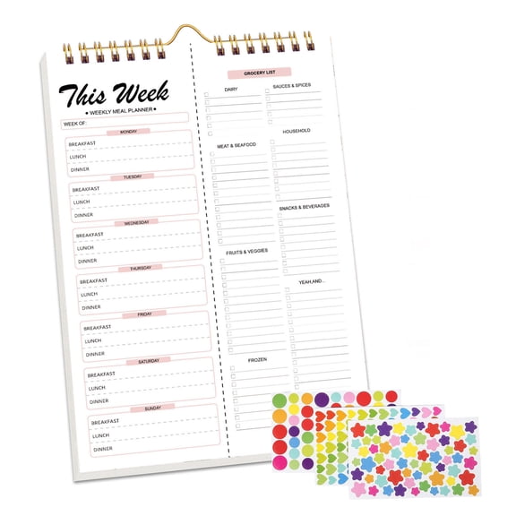Meal Planner Notebook 8.5x11”, 50 Sheets Magnetic, Double Helix Meal & Grocery List, Wall-Mountable Menu Planner for Daily & Weekly Plan