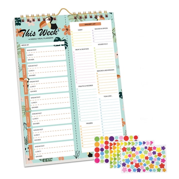 Meal Planner Notebook 8.5x11”, 50 Sheets Magnetic, Double Helix Meal & Grocery List, Wall-Mountable Menu Planner for Daily & Weekly Plan