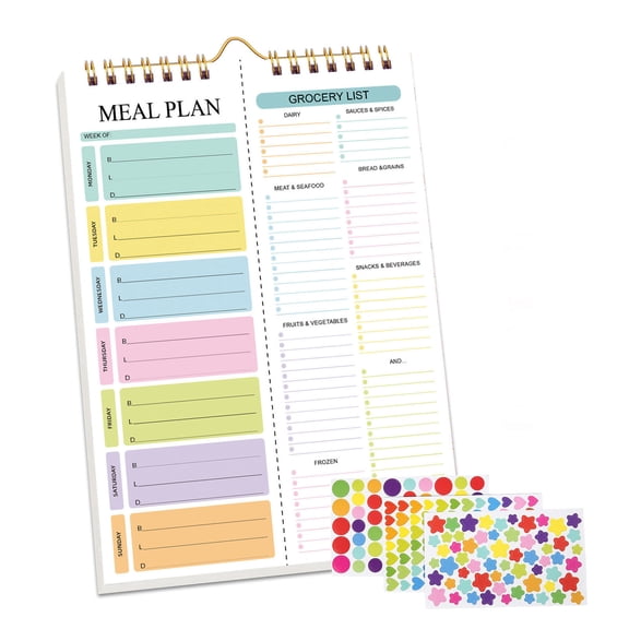 Meal Planner Notebook 8.5x11”, 50 Sheets Magnetic, Double Helix Meal & Grocery List, Wall-Mountable Menu Planner for Daily & Weekly Plan