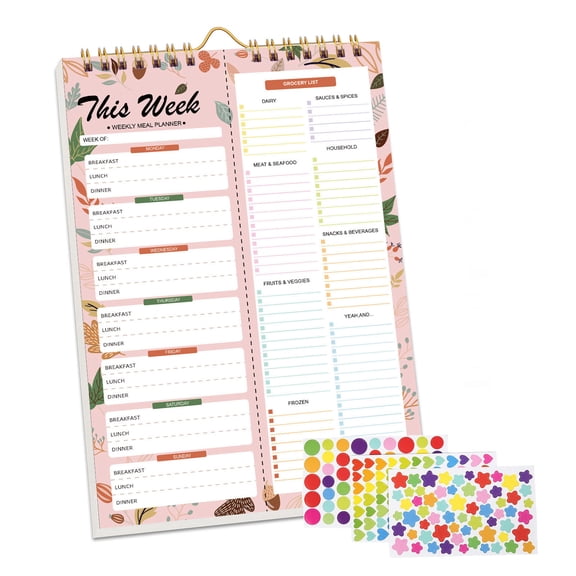 Meal Planner Notebook 8.5x11”, 50 Sheets Magnetic, Double Helix Meal & Grocery List, Wall-Mountable Menu Planner for Daily & Weekly Plan