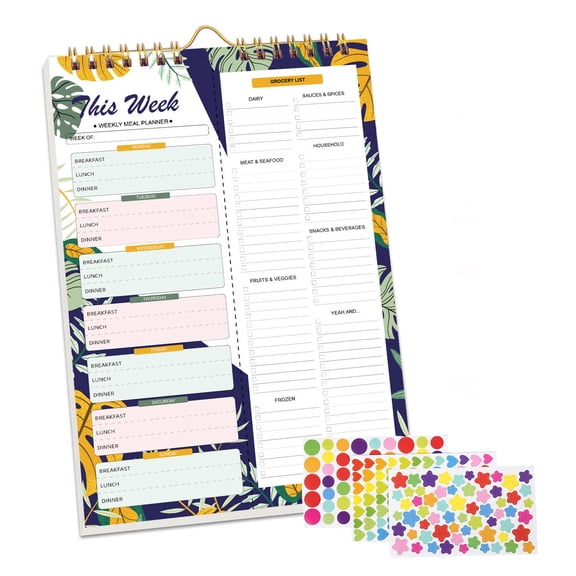 Meal Planner Notebook 8.5x11”, 50 Sheets Magnetic, Double Helix Meal & Grocery List, Wall-Mountable Menu Planner for Daily & Weekly Plan