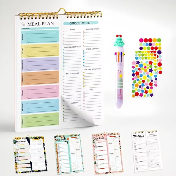 Meal Planner Notebook 8.5x11”, 50 Sheets Magnetic, Double Helix Meal & Grocery List, Wall-Mountable Menu Planner for Daily & Weekly Plan