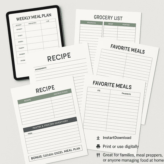 Meal Planner & Recipe Binder  Printable Kitchen Organizer