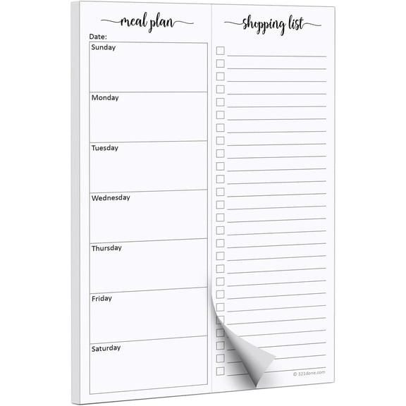 Meal Planning Notepad - 50 Sheets (5.5x8.5) Perforated Weekly Meals Planner Shopping List Menu Groceries Grocery List, Tear Off Memo Pad Made in USA Simple Script