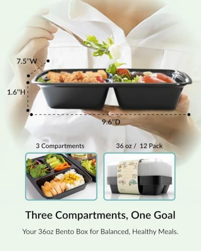 Meal Prep Containers [12 Pack] 3 Compartment with Lids, Food Storage Bento Box | BPA Free | Stackable | Reusable Lunch Boxes, Microwave/Dishwasher/Freezer Safe,Portion Control (36 oz)