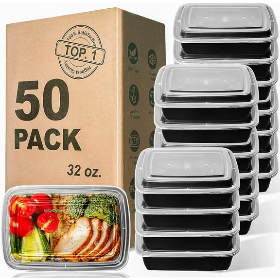 Meal Prep Containers, 32OZ 50 Pack Extra-thick  Storage Containers with , Plastic Microwavable Bento Box  Storage Lunch Boxes , Stackable, Dishwasher/Freezer Safe