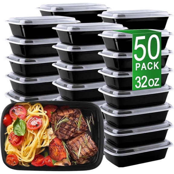 Meal Prep Containers, 50 Pack 32oz (100-Piece) Disposable Take Out Food Storage Containers with Leakproof Lids, Reusable Plastic To Go Lunch Boxes, BPA Free, Microwave/Dishwasher/Freezer Safe