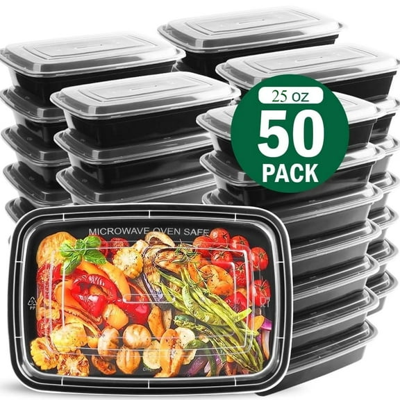 Meal Prep Containers, 50 Packs Plastic Food Storage Containers with Lids, 25oz Bento Box Reusable, To Go Containers Disposable, BPA Free